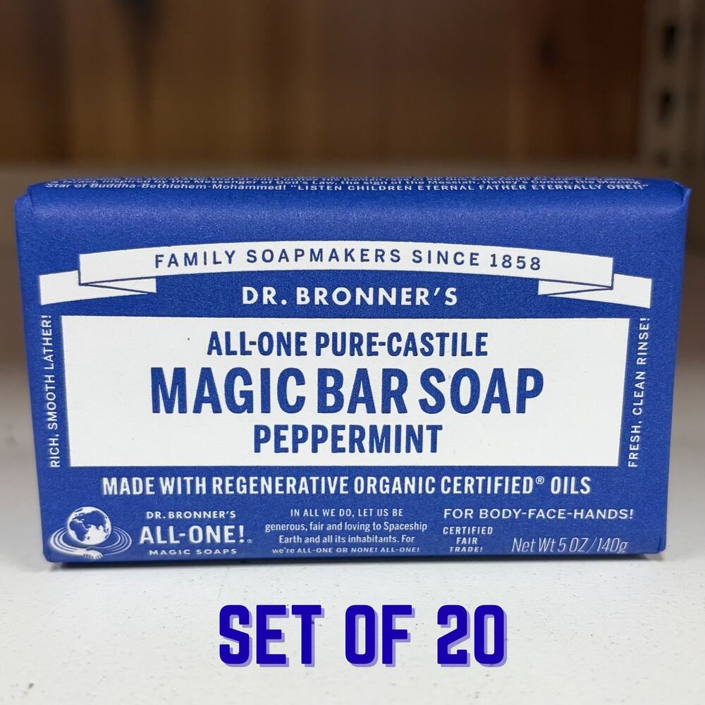 Set 20 Dr Bronner's Peppermint Pure Castile Bar Soap Coconut Hemp Jojoba Oil 5oz